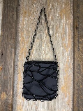 VTG Daniel Swarovski Paris Black Beaded Satin Evening Bag Purse Made in France